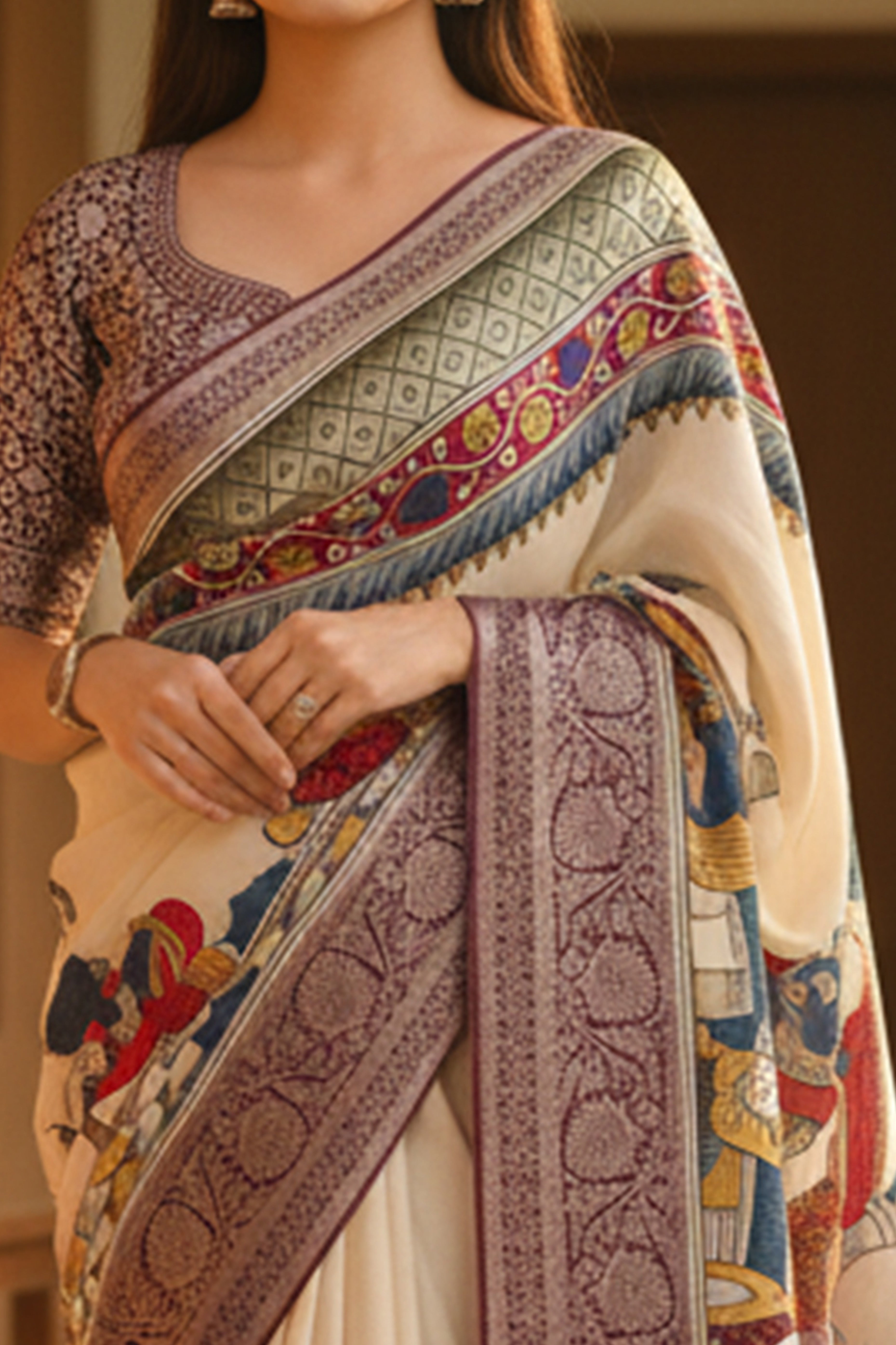 Elegant Cream Floral Viscose Saree Highlighted With Intricate Weaving Border & Tassel Pallu