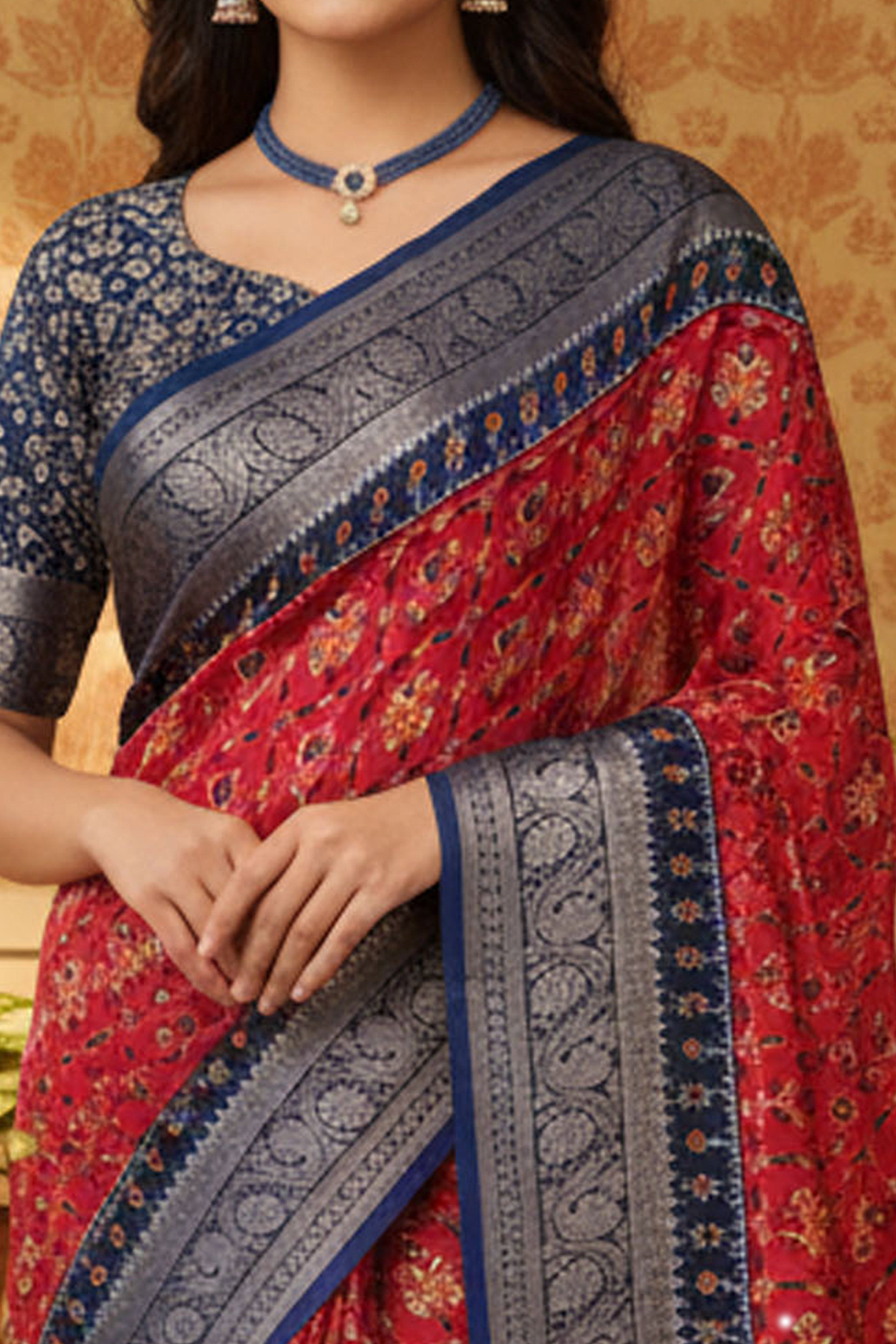 Elegant Red Floral Viscose Saree Highlighted With Intricate Weaving Border & Tassel Pallu