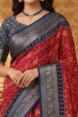 Elegant Red Floral Viscose Saree Highlighted With Intricate Weaving Border & Tassel Pallu