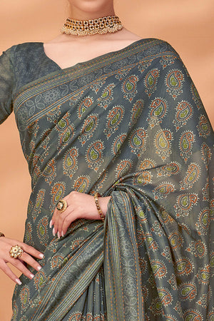 12Grey Handfeel Cotton Silk Saree Adorned with Traditional Ajrakh Motifs
