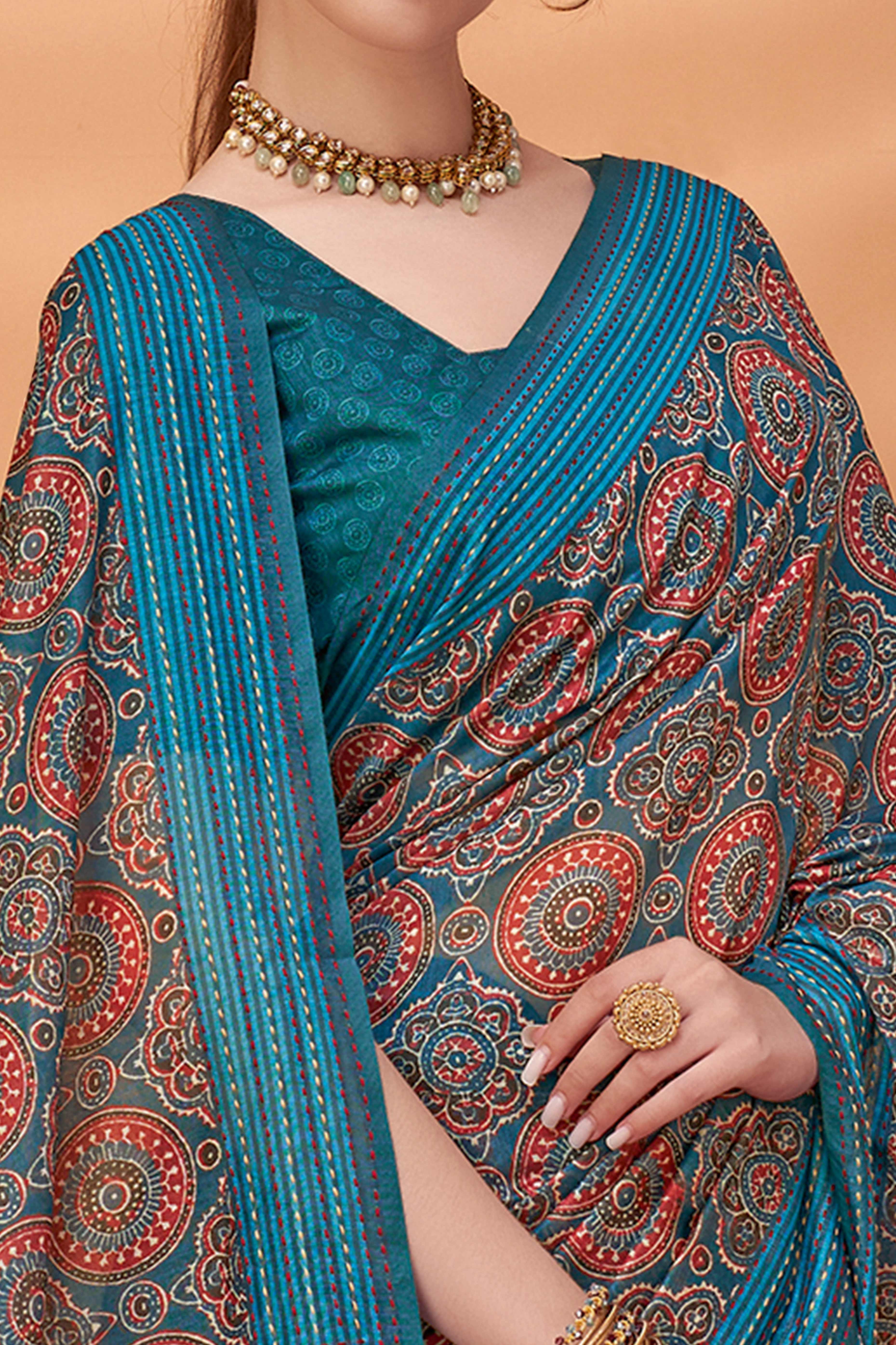 Teal Handfeel Cotton Silk Saree Adorned with Traditional Ajrakh Motifs