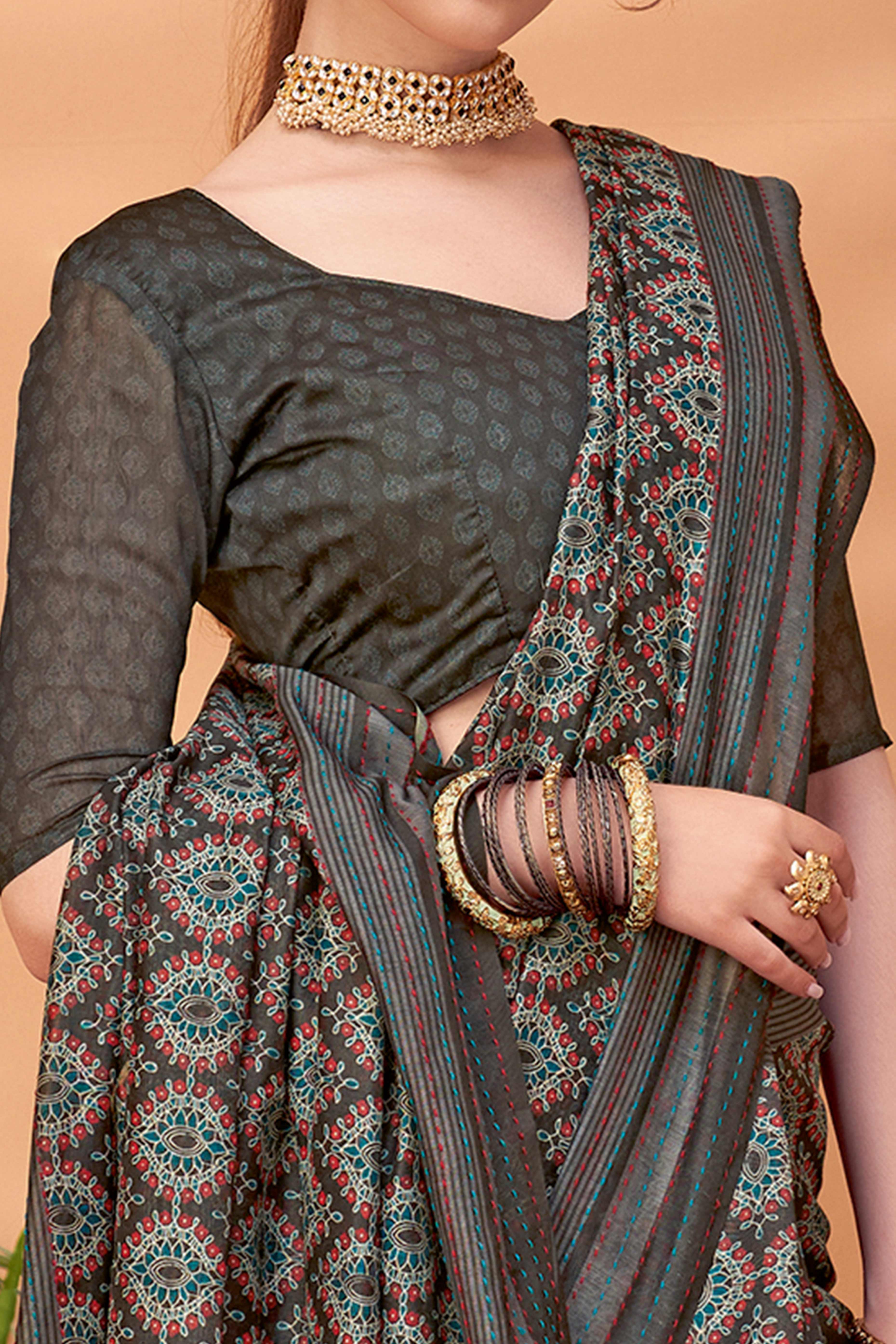 Grey Handfeel Cotton Silk Saree Adorned with Traditional Ajrakh Motifs