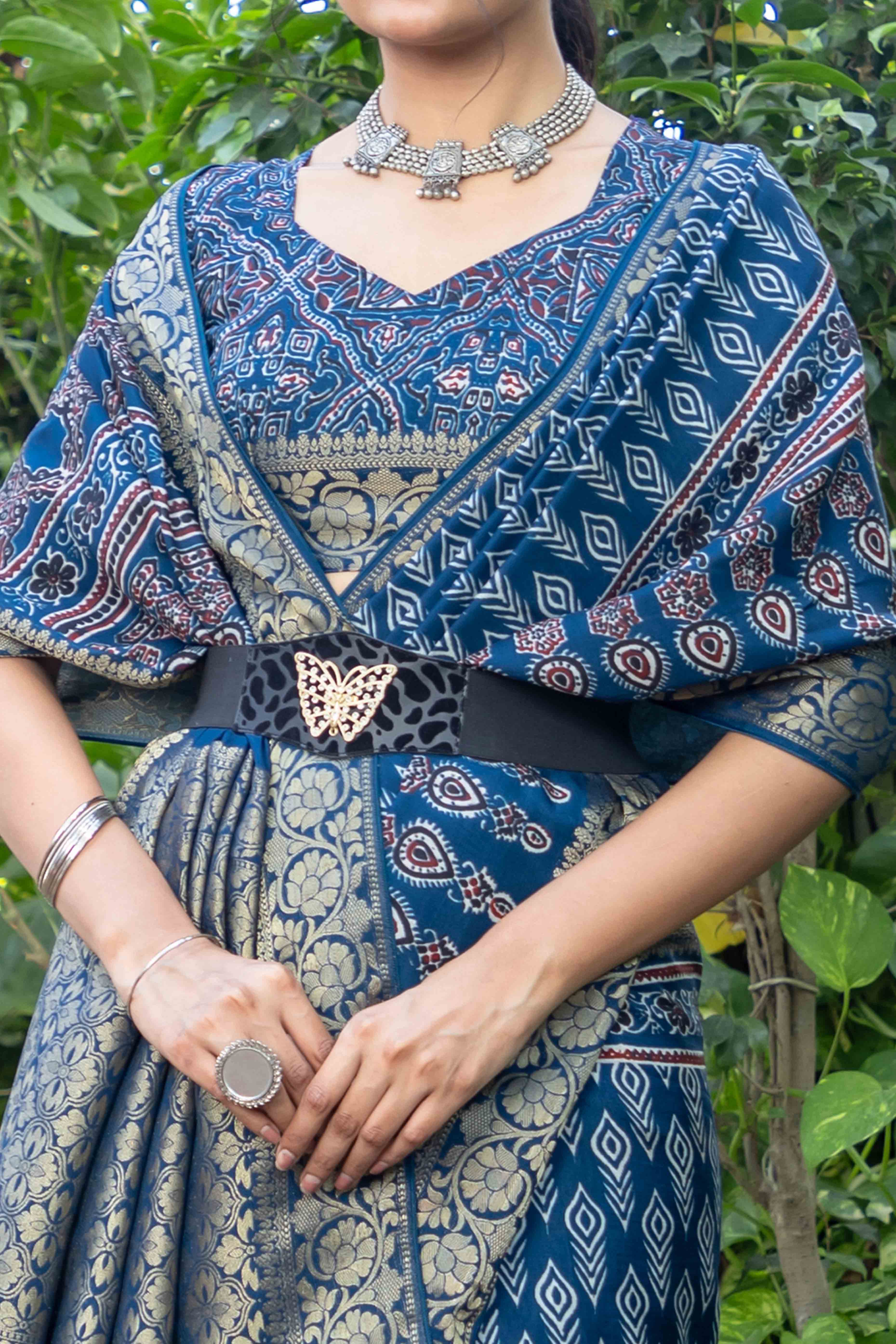 Teal Ajrakh Printed Pure Viscose Saree