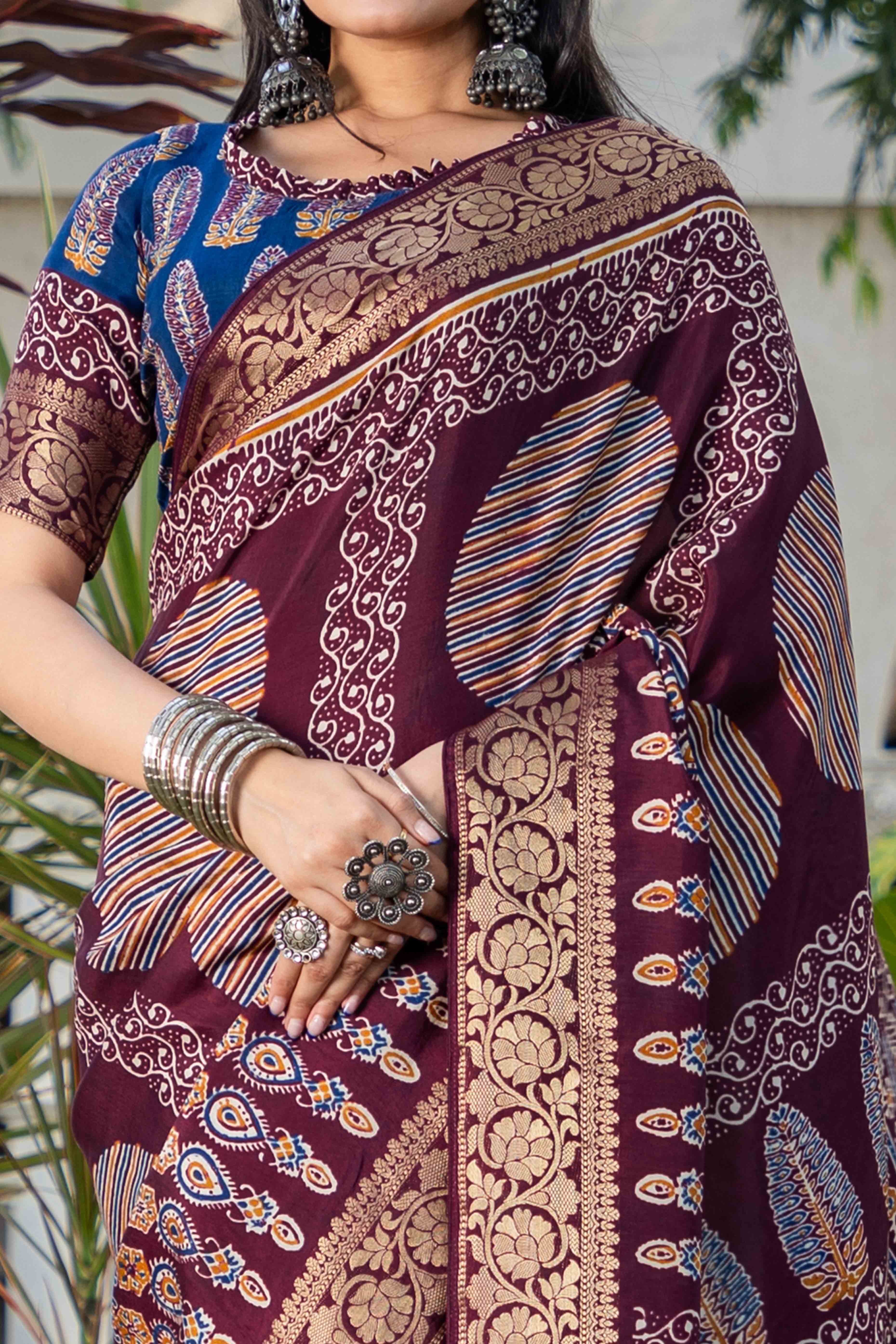 Wine Ajrakh Printed Pure Viscose Saree