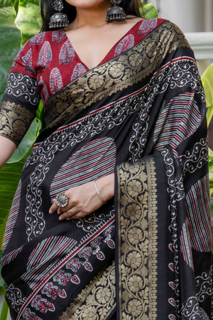 Black Ajrakh Printed Pure Viscose Saree
