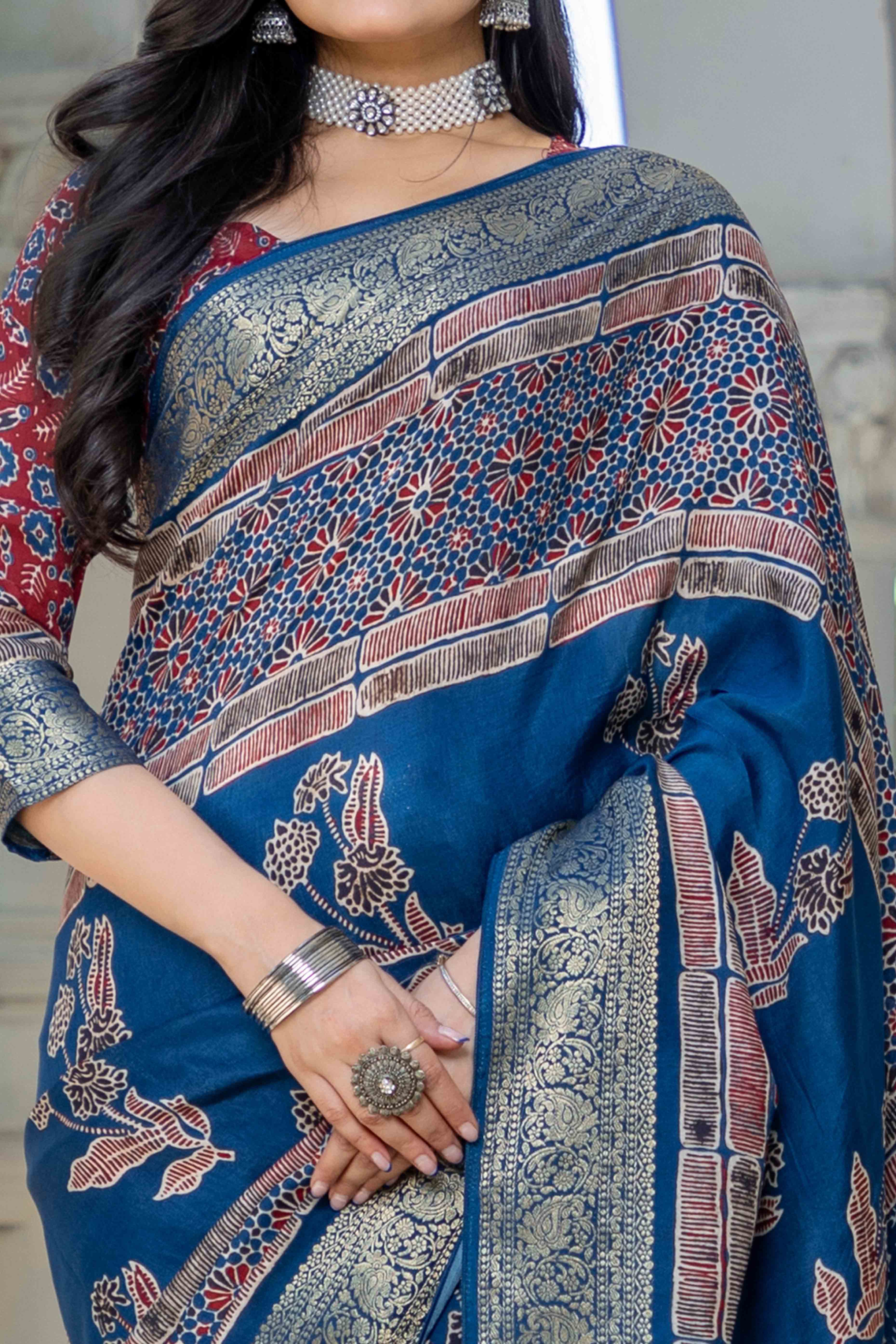 Teal Ajrakh Printed Pure Viscose Saree