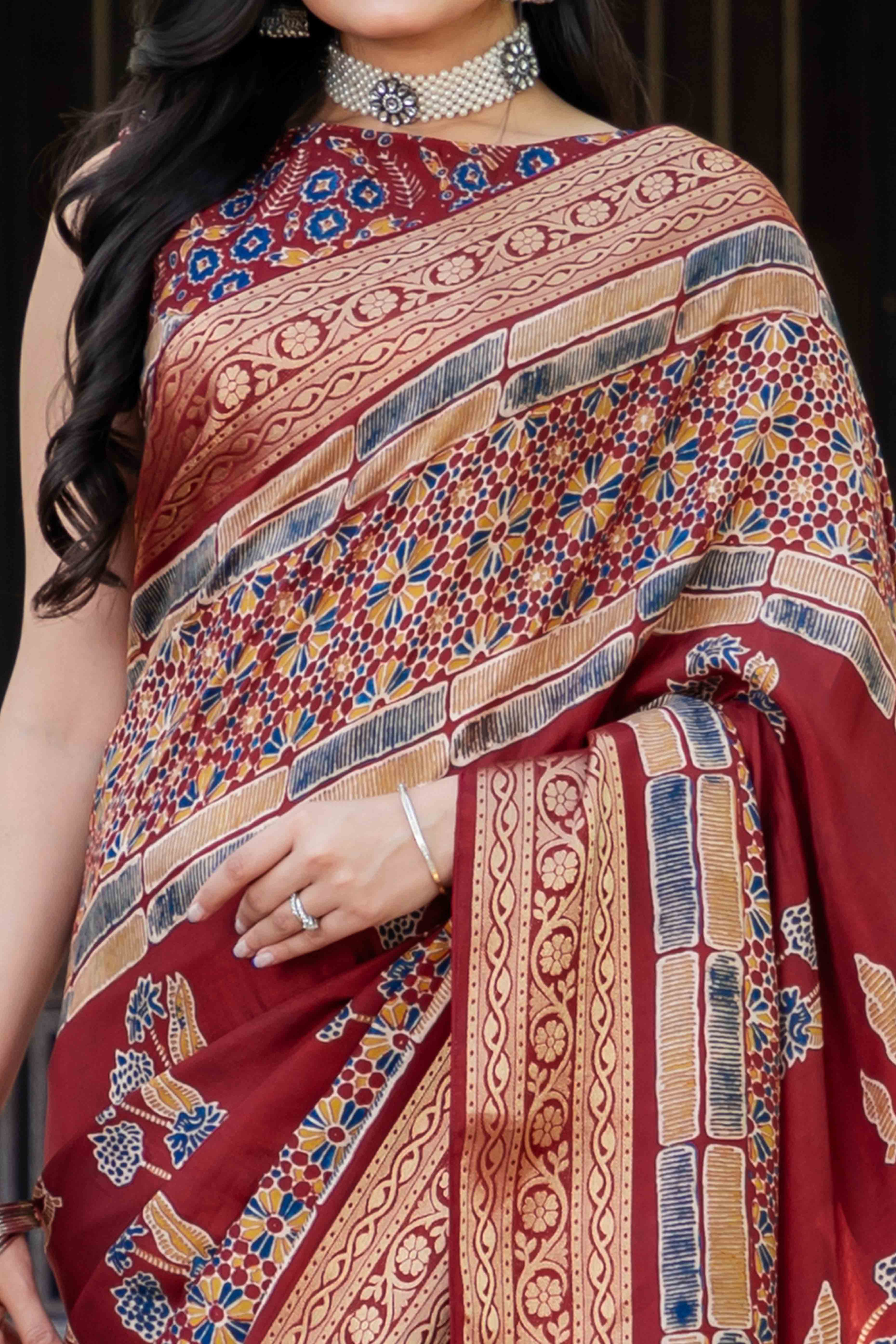 Maroon Ajrakh Printed Pure Viscose Saree