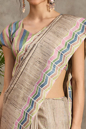 Minimalist Handloom Saree in Beige Cotton Silk Weave