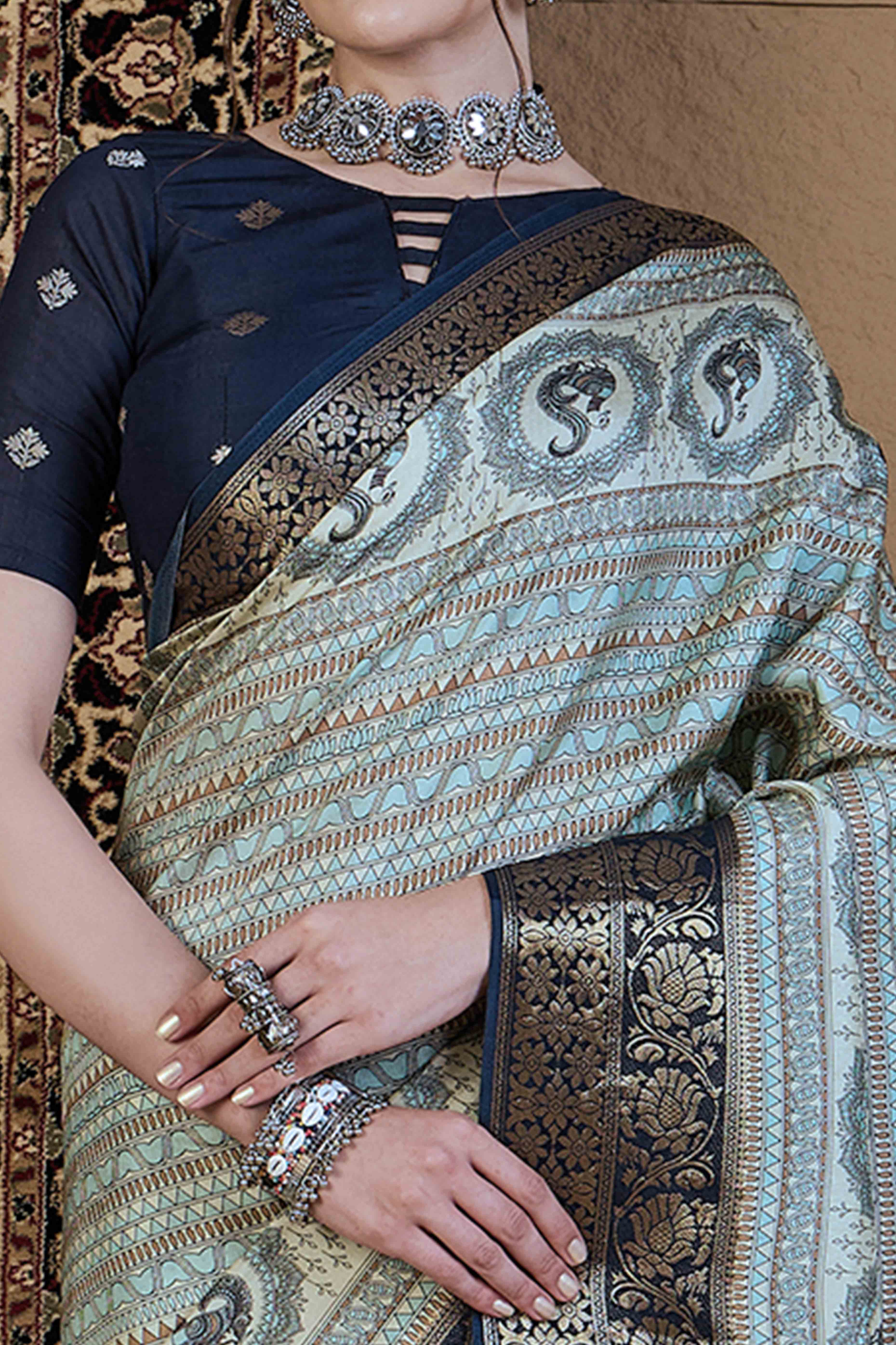 Sky Blue Floral Printed Viscose Saree