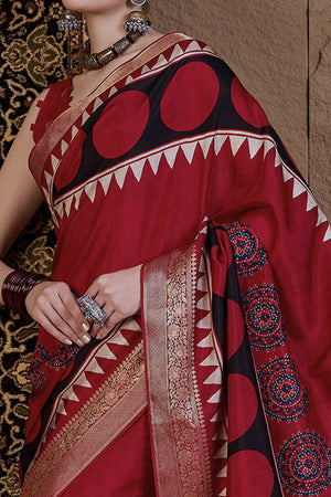 Red Geometric Printed Viscose Saree