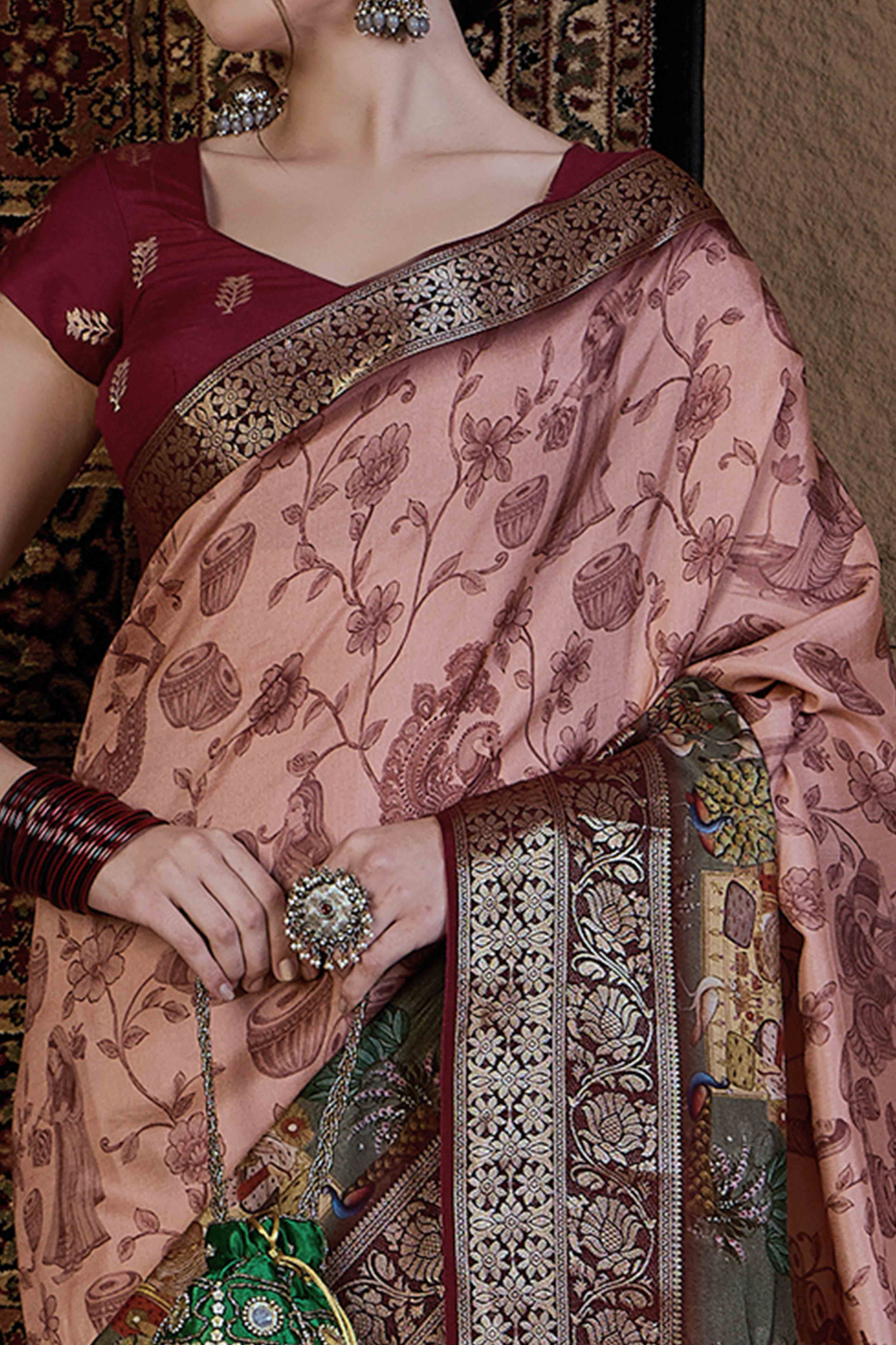 Peach Floral Printed Viscose Saree