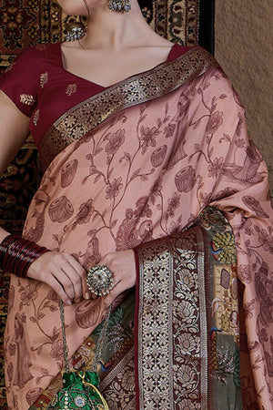 Peach Floral Printed Viscose Saree