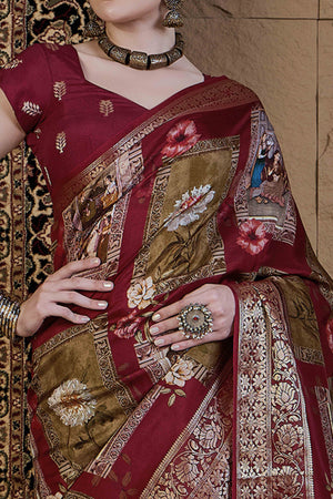 Maroon & Green Floral Printed Viscose Saree