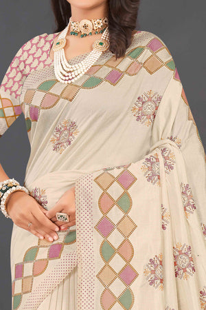 Beige Embroidered Linen Saree With Kantha Work & Tassel Border