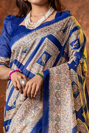 Blue Tussar Silk Saree with Traditional Mughal Prints