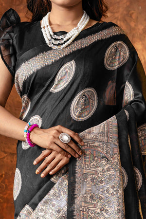 Black Tussar Silk Saree with Traditional Mughal Prints