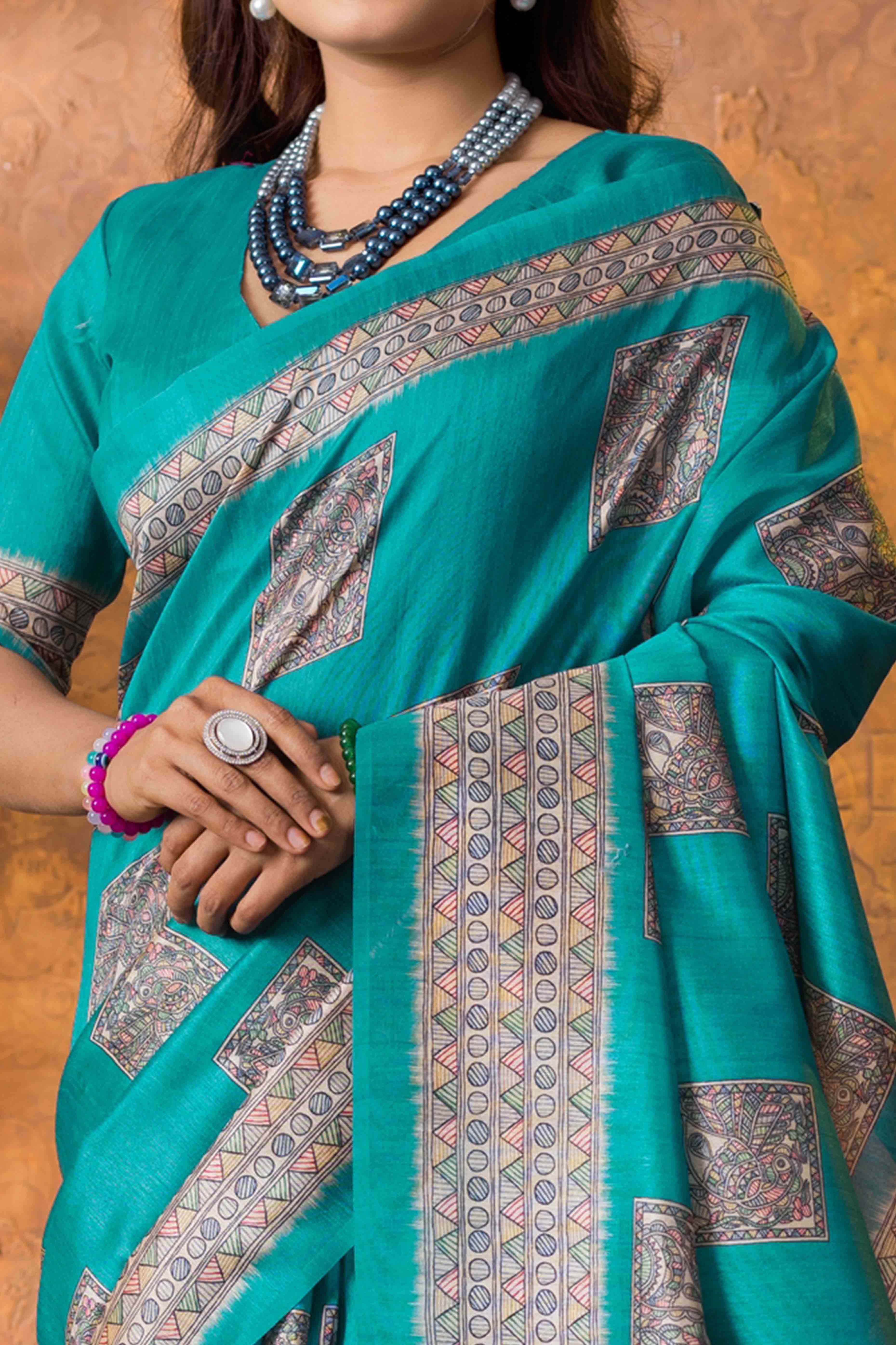 Turquoise Tussar Silk Saree with Traditional Mughal Prints