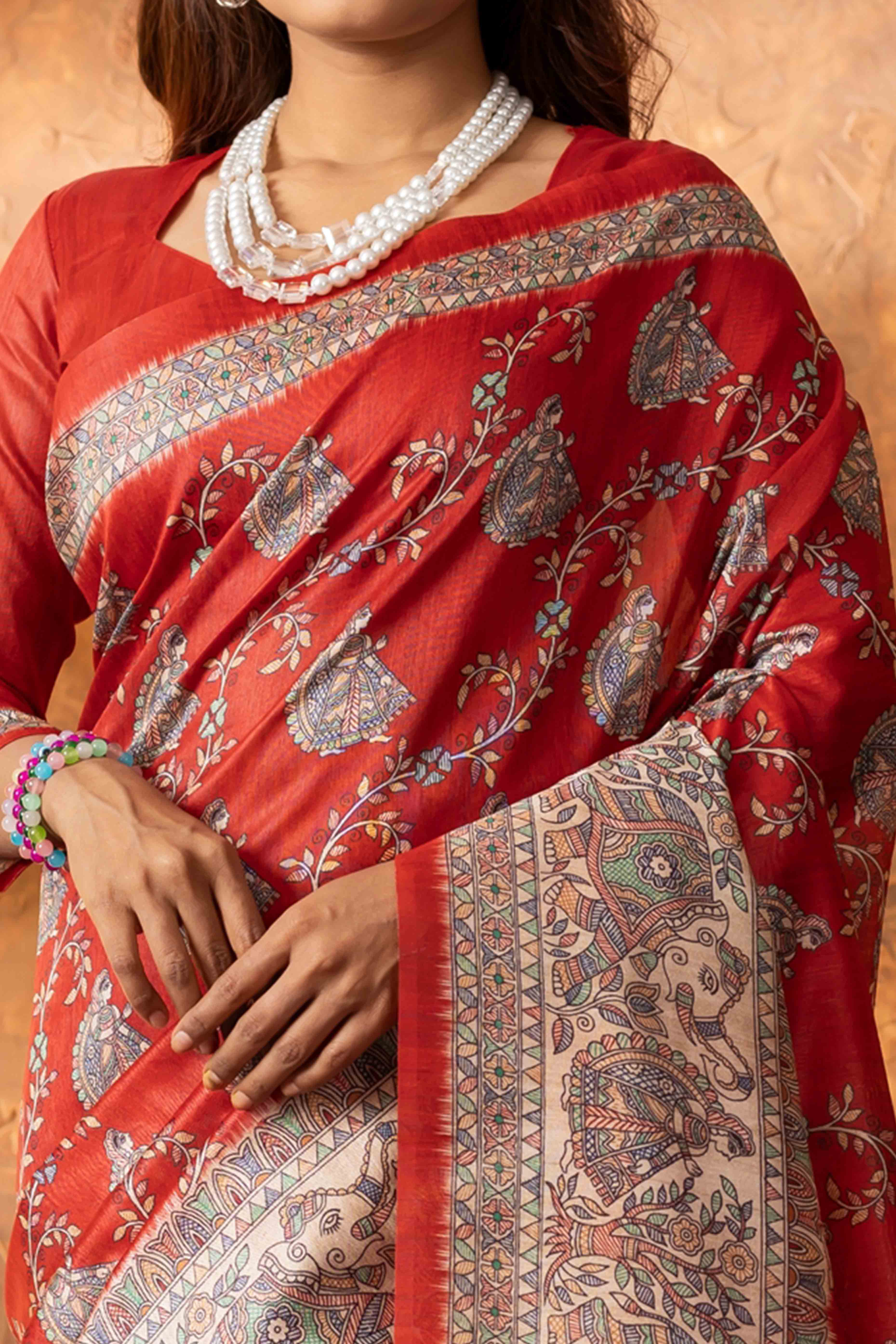 Red Tussar Silk Saree with Traditional Mughal Prints