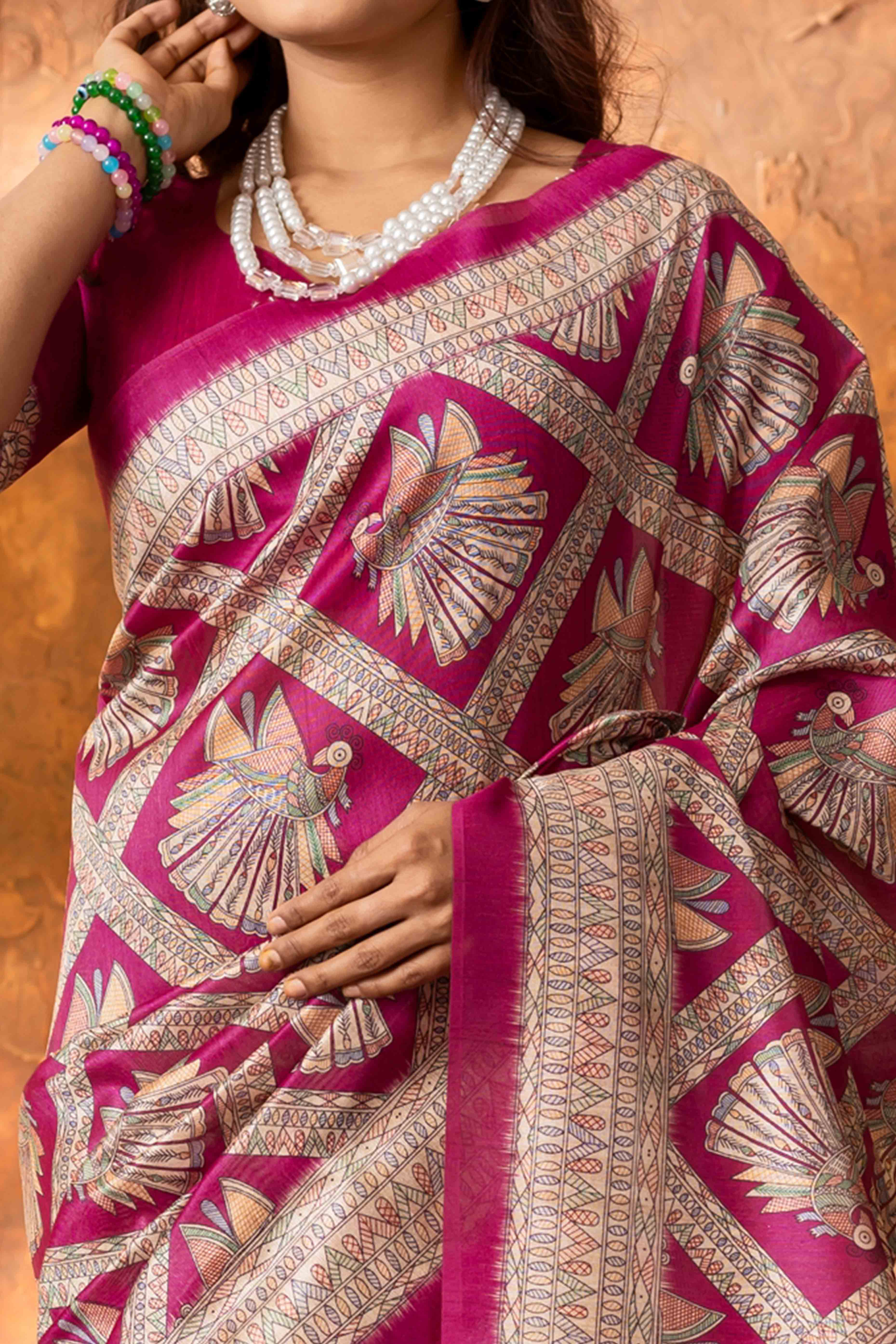 Dark Pink Tussar Silk Saree with Traditional Mughal Prints