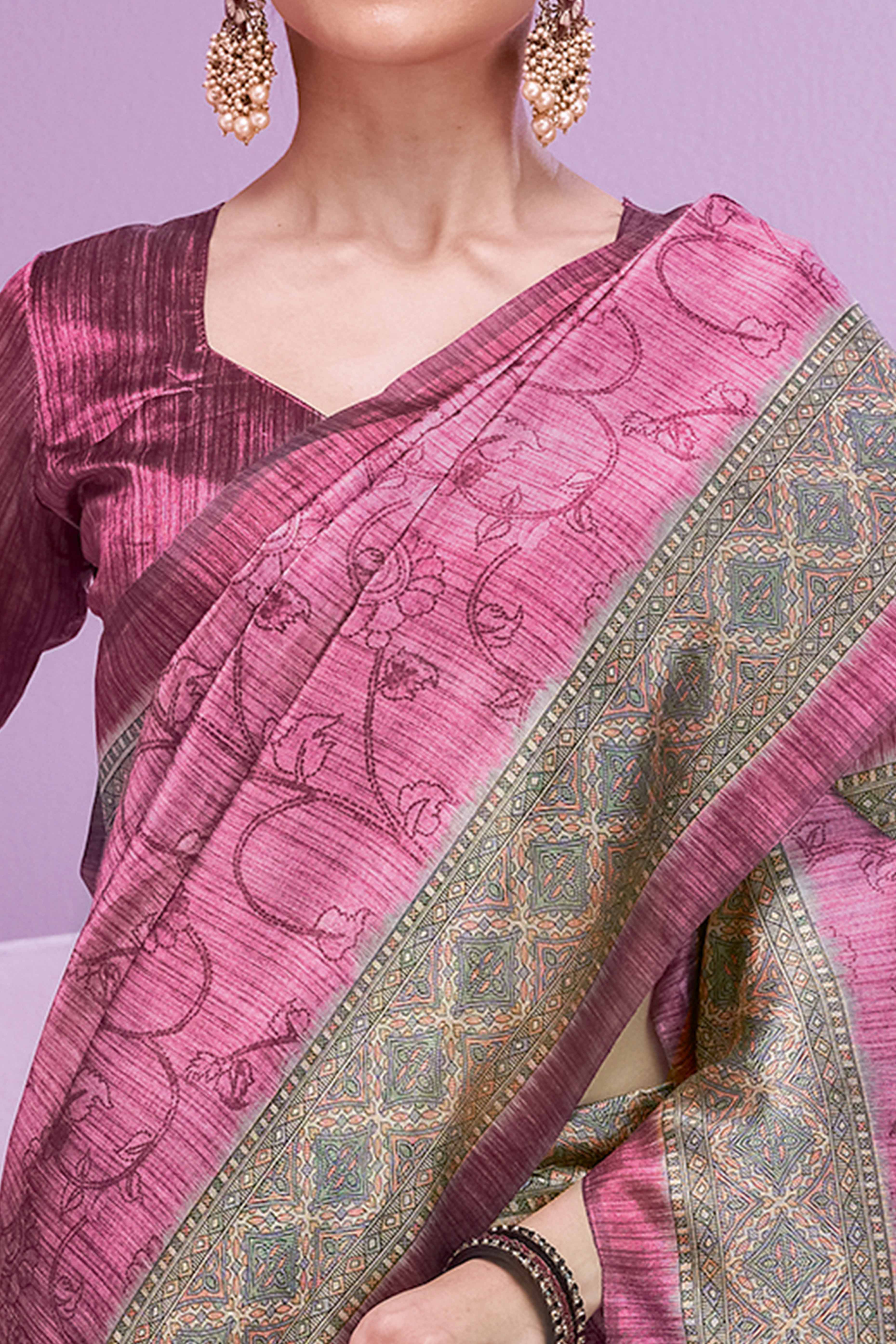 Mauve Ethnic Cotton Silk Saree Adorned with Madhubani Florals Print