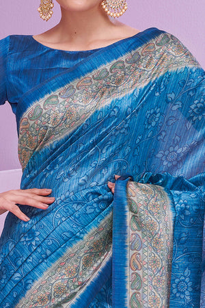 Teal Ethnic Cotton Silk Saree Adorned with Madhubani Florals Print