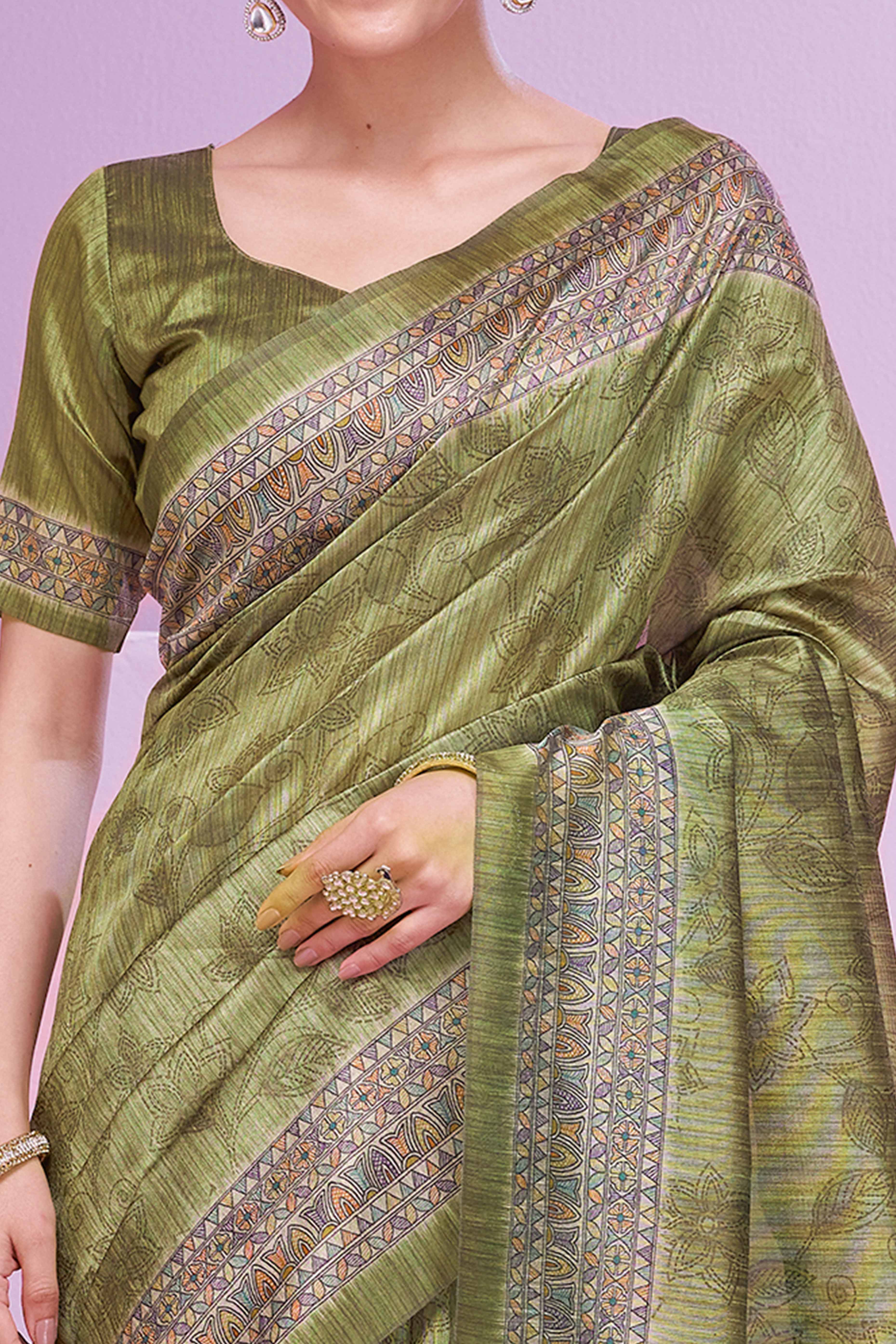 Green Ethnic Cotton Silk Saree Adorned with Madhubani Florals Print