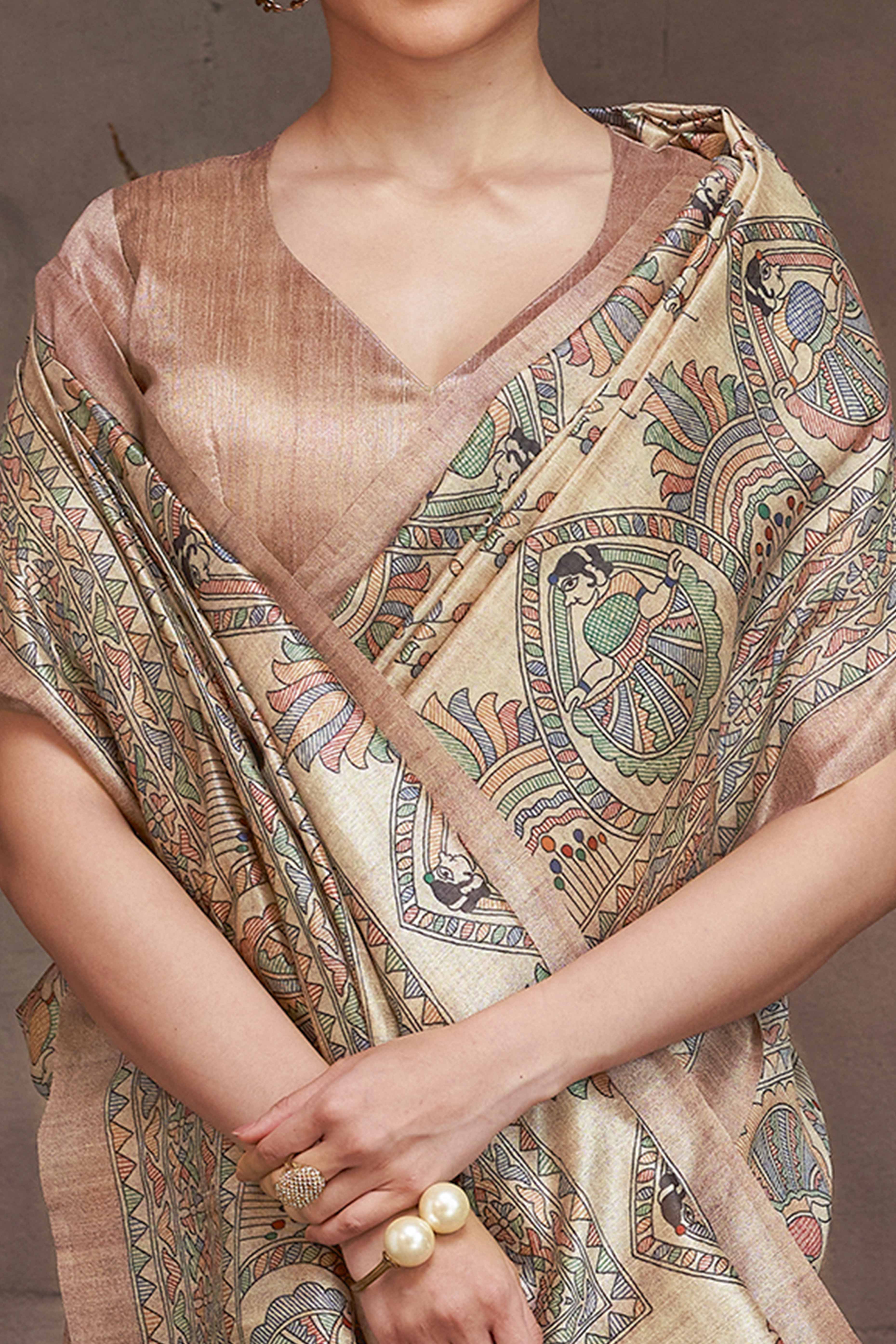 Elegant Beige Madhubani Printed Saree in Cotton Silk
