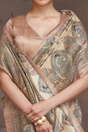 Elegant Beige Madhubani Printed Saree in Cotton Silk