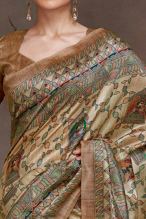 Beige Ethnic Cotton Silk Saree with Delicate Floral Madhubani Motifs