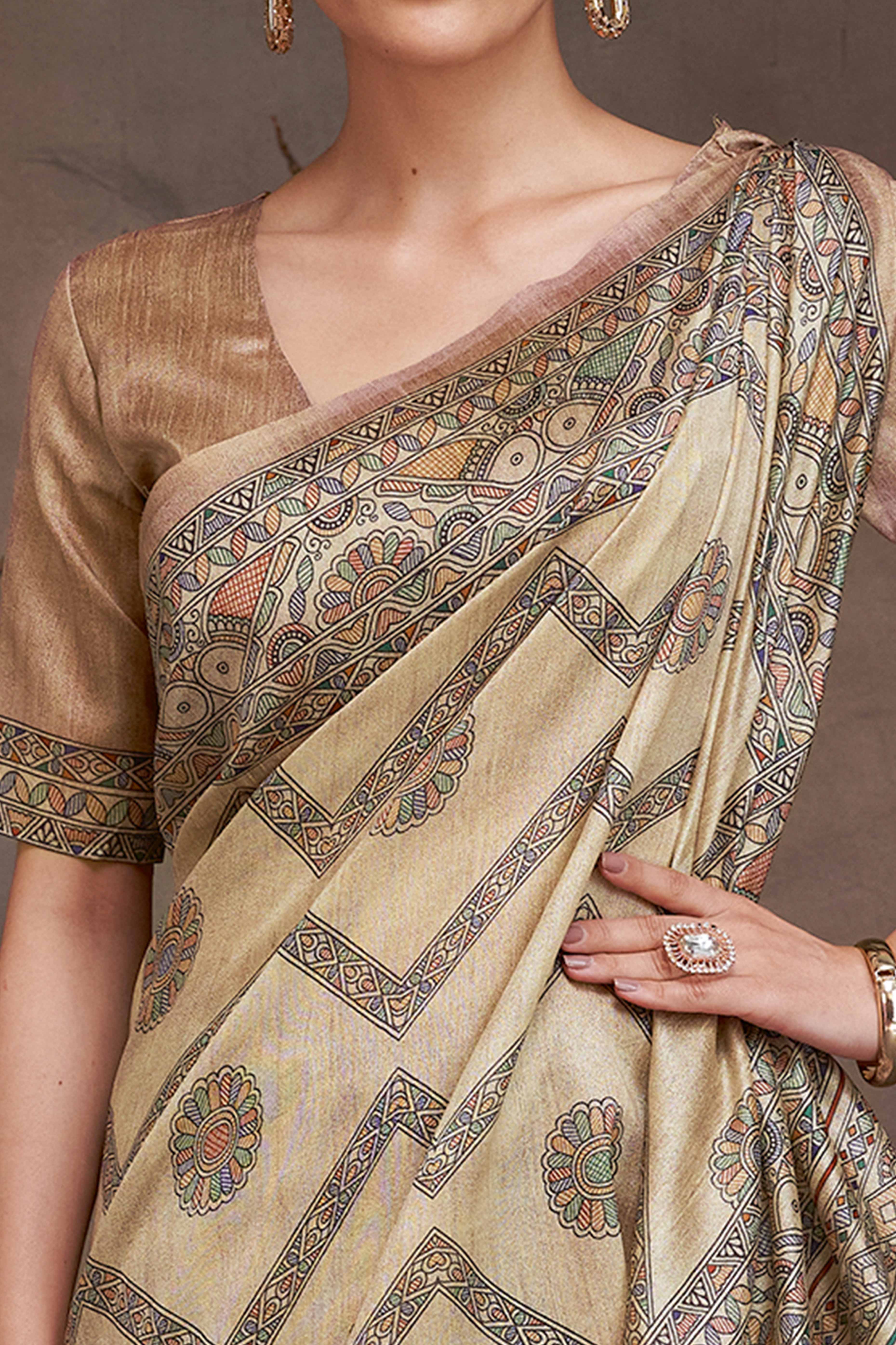 Handcrafted Charm Beige Madhubani Floral Print Cotton Silk Saree
