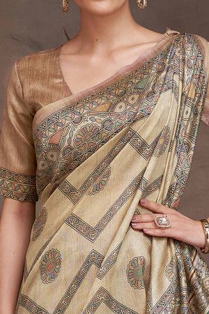 Handcrafted Charm Beige Madhubani Floral Print Cotton Silk Saree