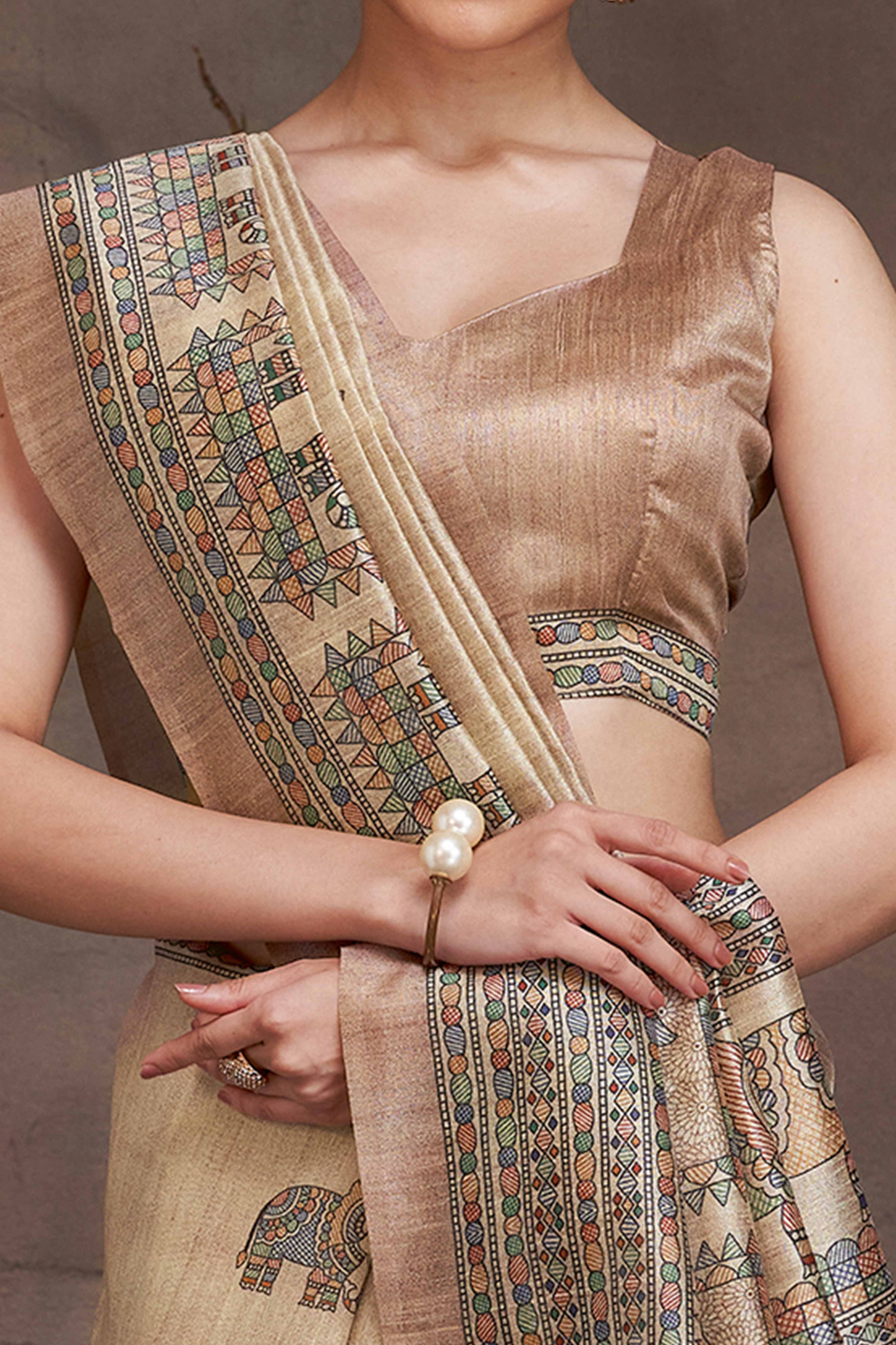 Floral Elegance in Beige Madhubani Print on Soft Cotton Silk