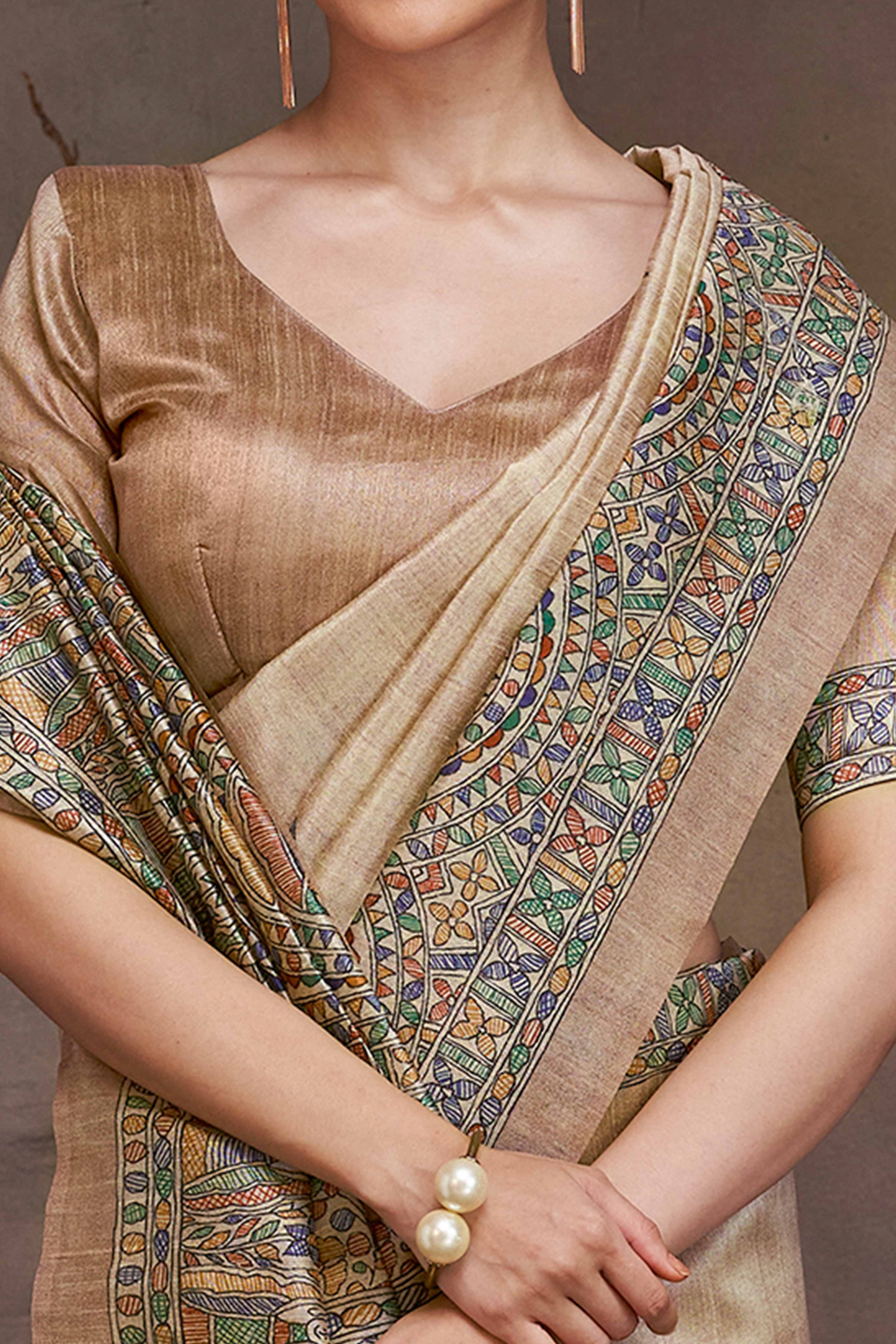Beige Woven Cotton Silk Saree Adorned with Madhubani Blooms