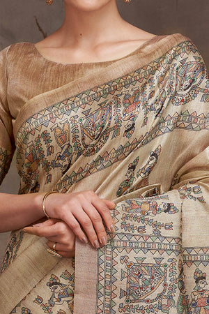 Art Inspired Beige Cotton Silk Saree with Floral Madhubani Touch
