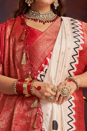 Woven Satin Saree in Off White & Red for Puja Occasions