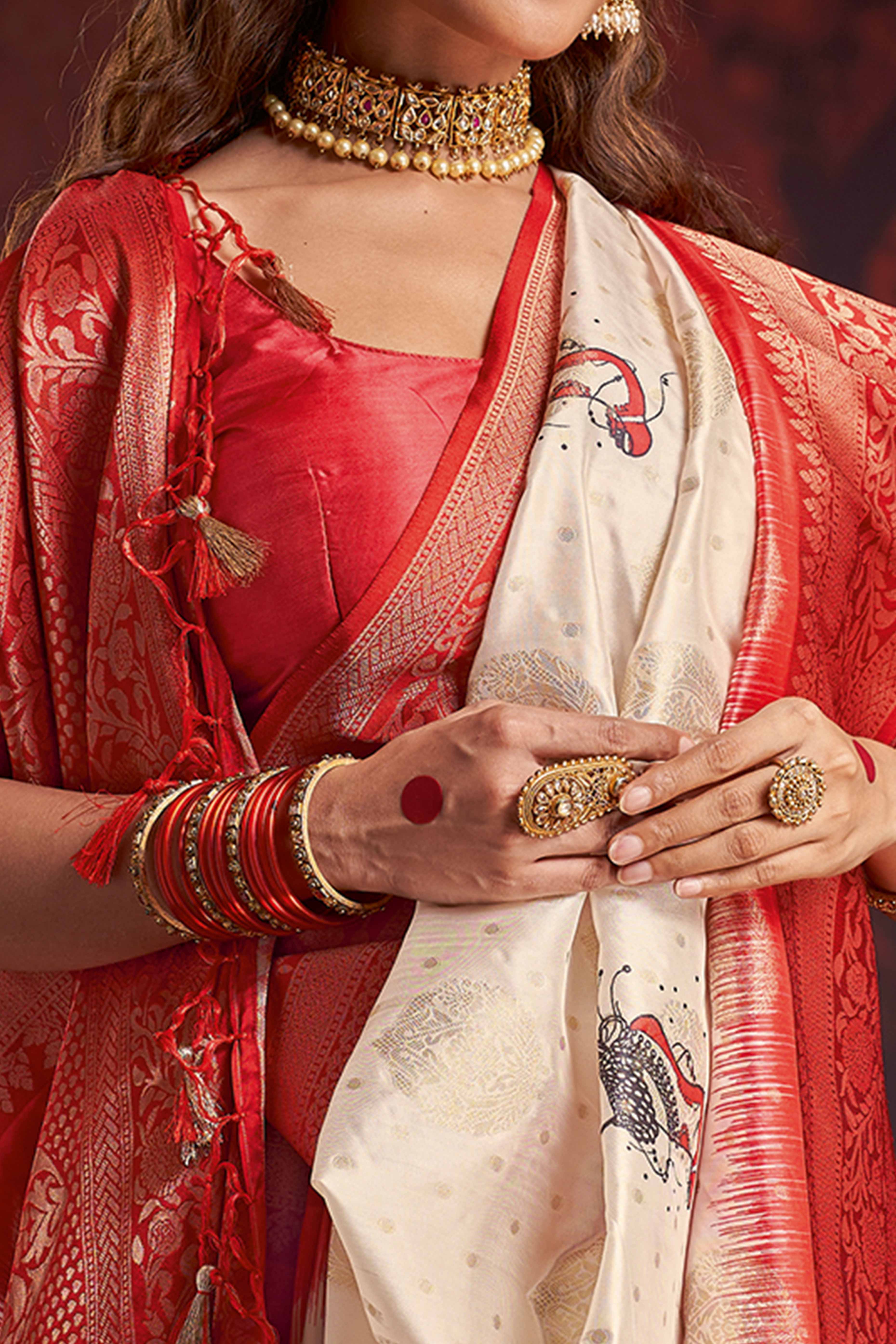 Durga Puja Special Off White and Red Woven Satin Saree