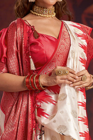 Classic Off White and Red Satin Saree Durga Festival Edition