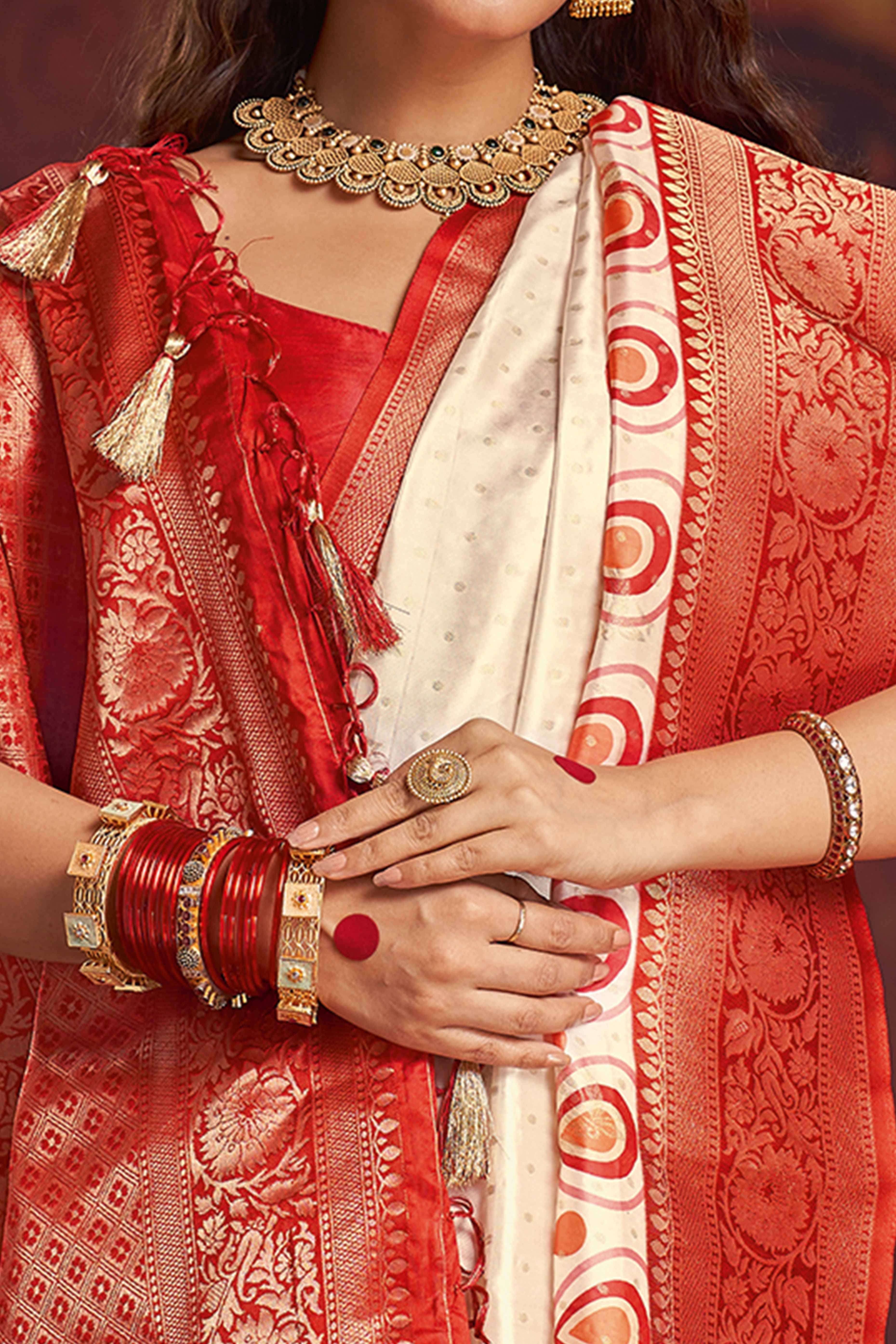 Durga Puja Inspired Traditional Satin Saree in Red & White