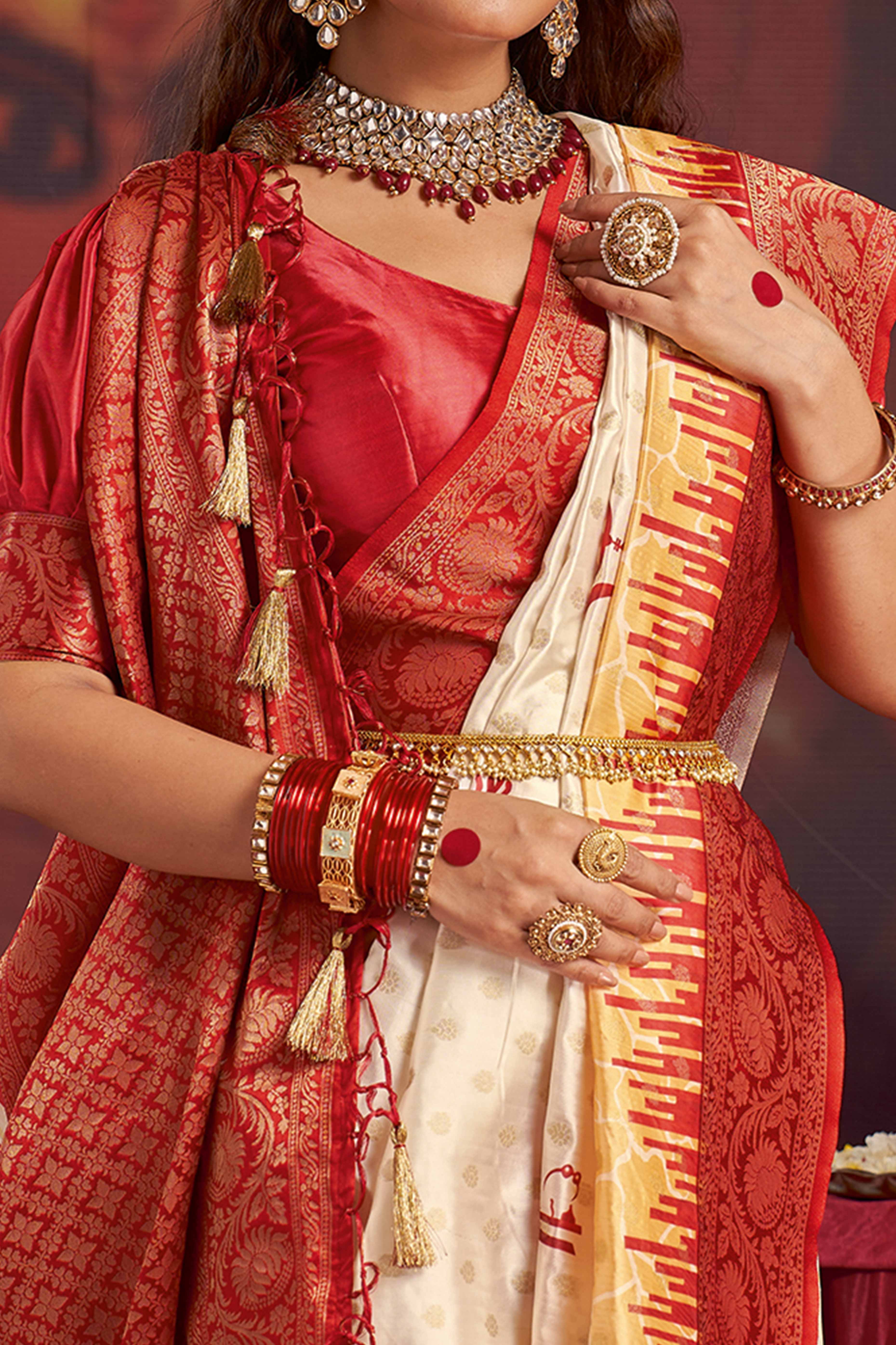 Ethnic Woven Off White & Red Satin Saree for Durga Festivals