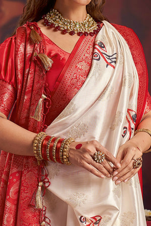 Off White & Red Woven Satin Saree for Puja Occasions
