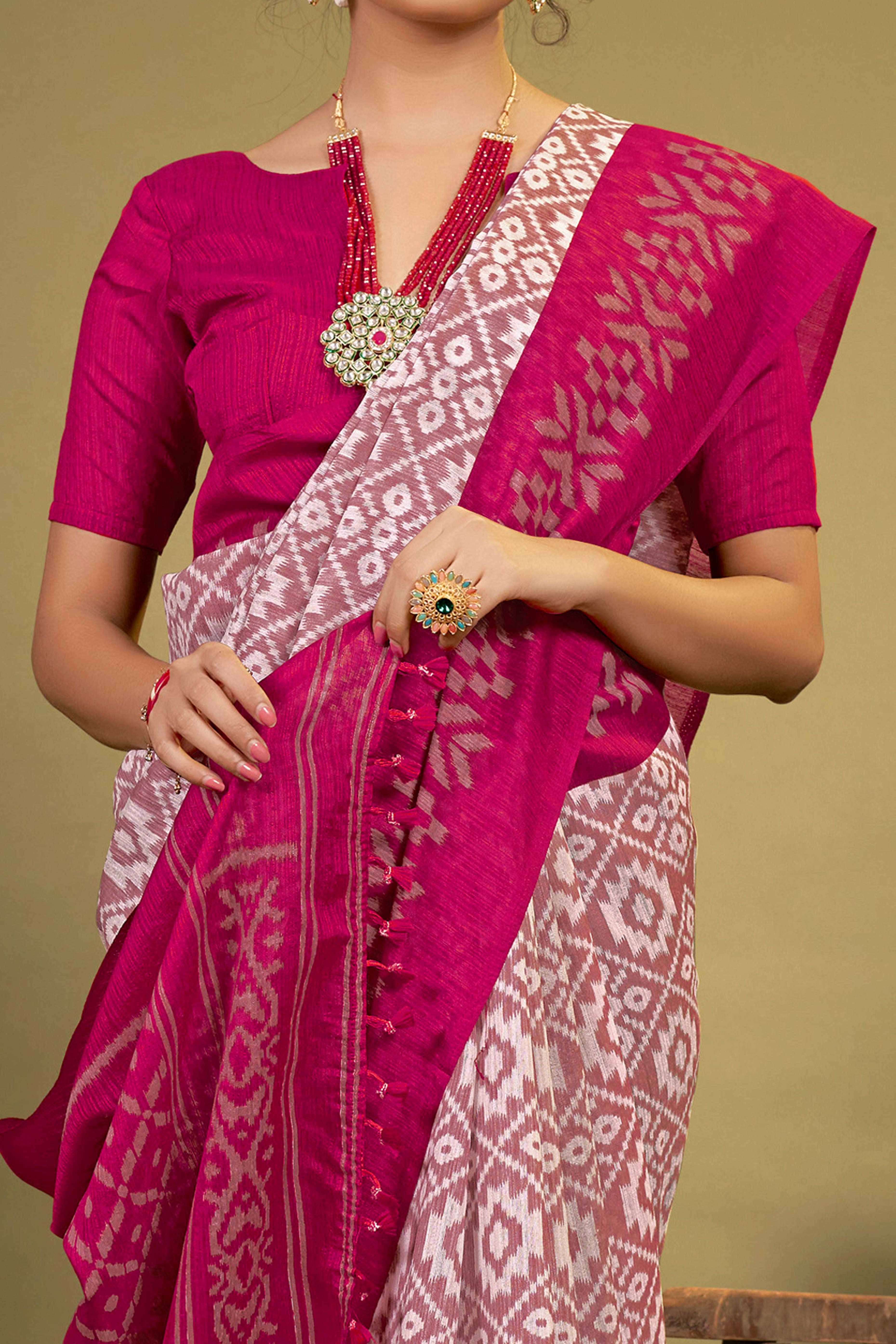 Pink Ikkat Printed Cotton Slub Saree
