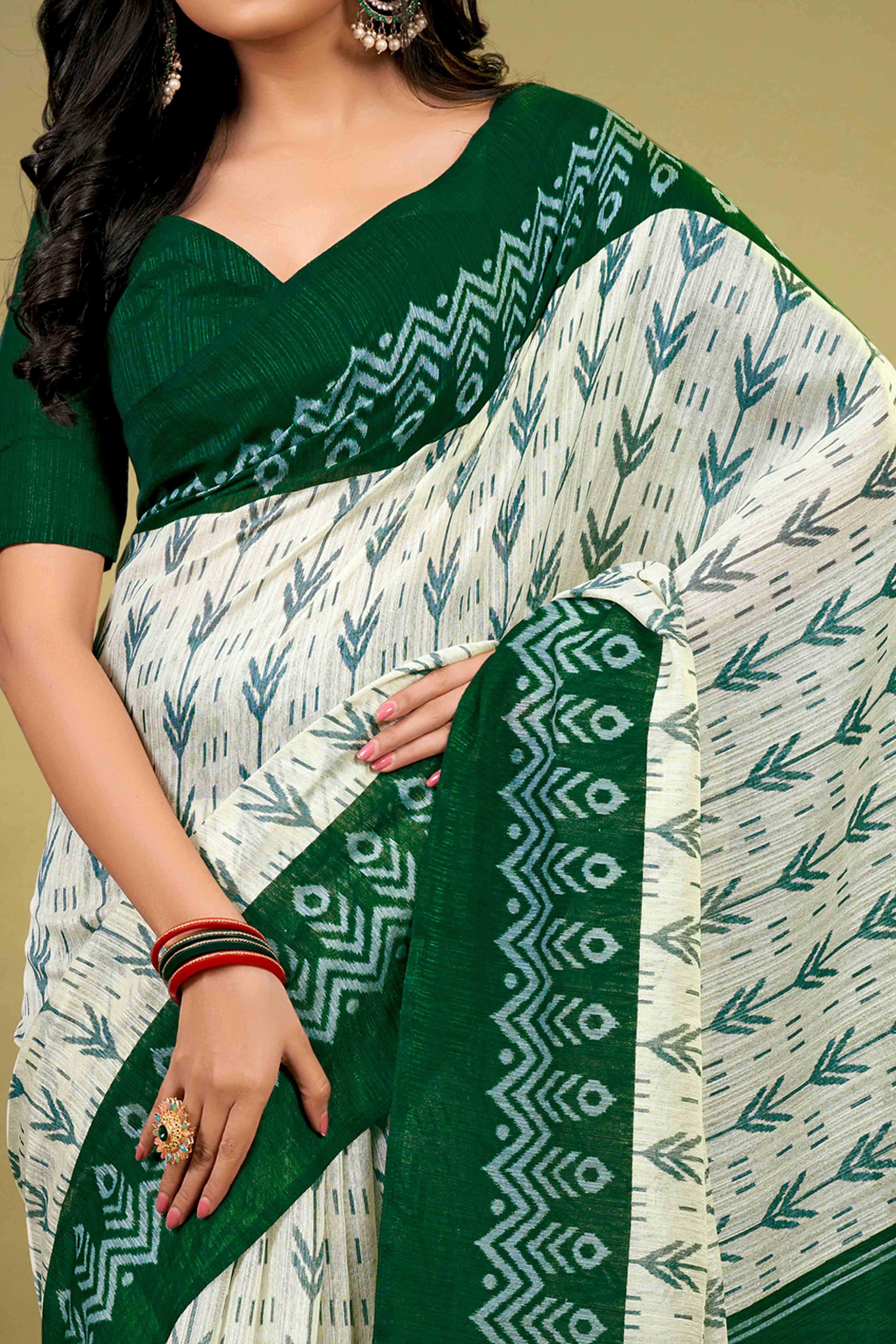 Green Ikkat Printed Cotton Slub Saree