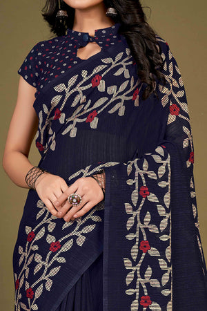 Blue Floral Printed Cotton Slub Saree