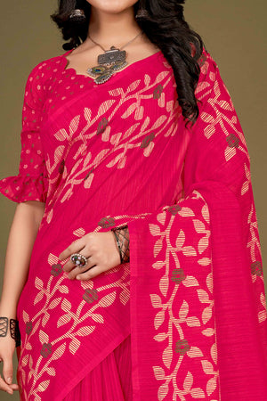 Pink Floral Printed Cotton Slub Saree