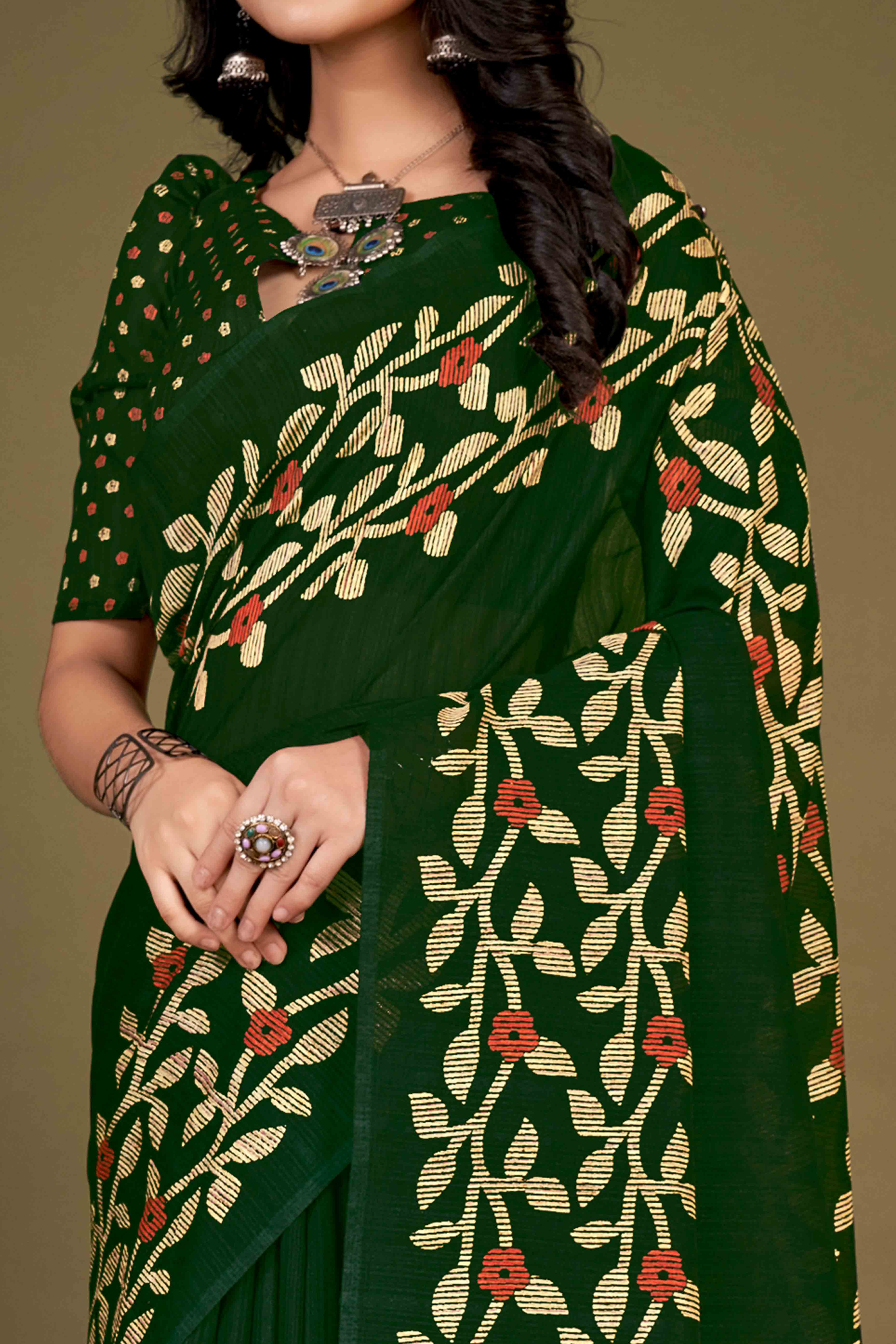 Green Floral Printed Cotton Slub Saree