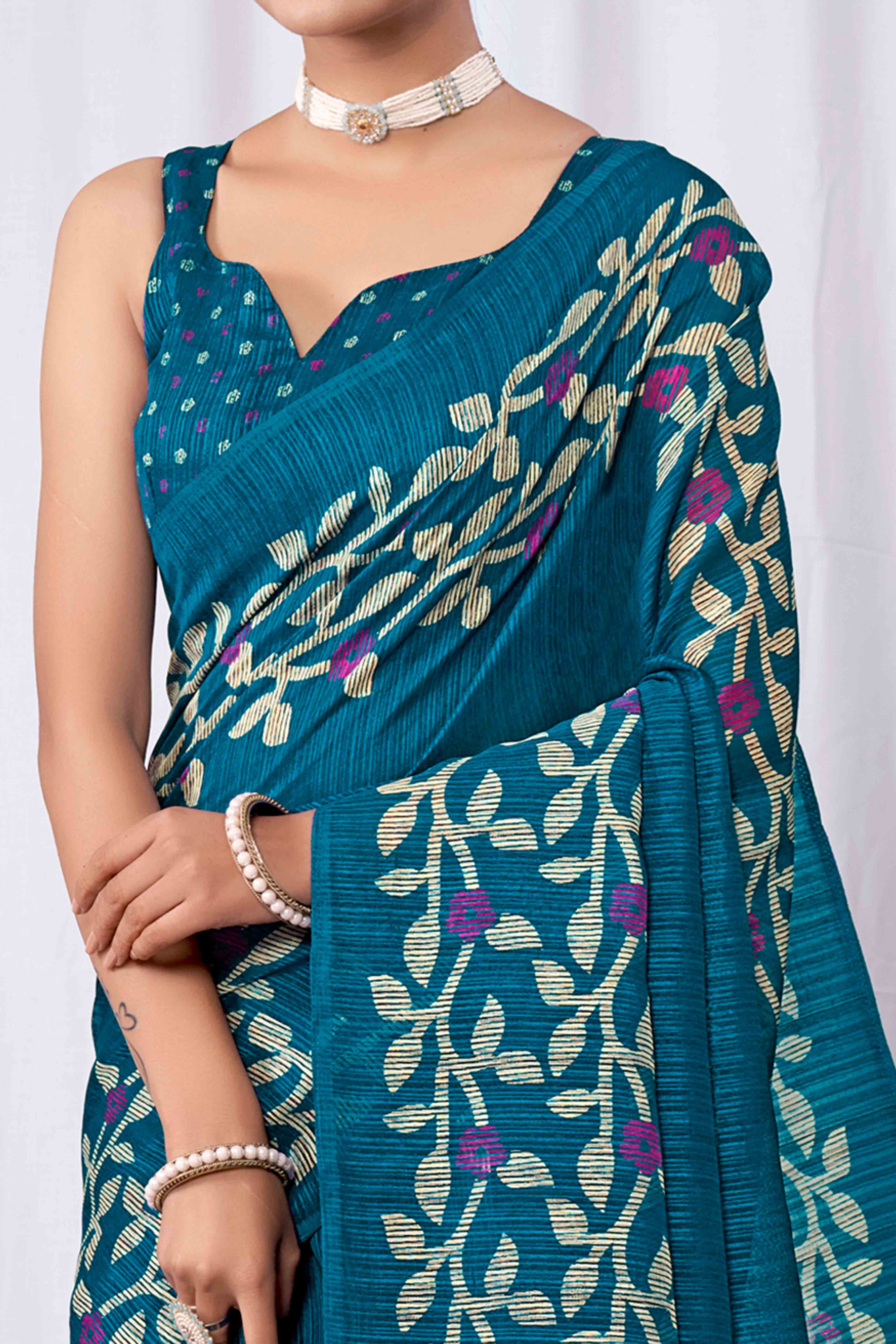 Teal Floral Printed Cotton Slub Saree