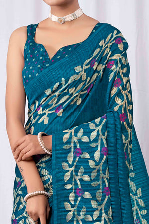 Teal Floral Printed Cotton Slub Saree
