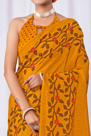 Mustard Floral Printed Cotton Slub Saree