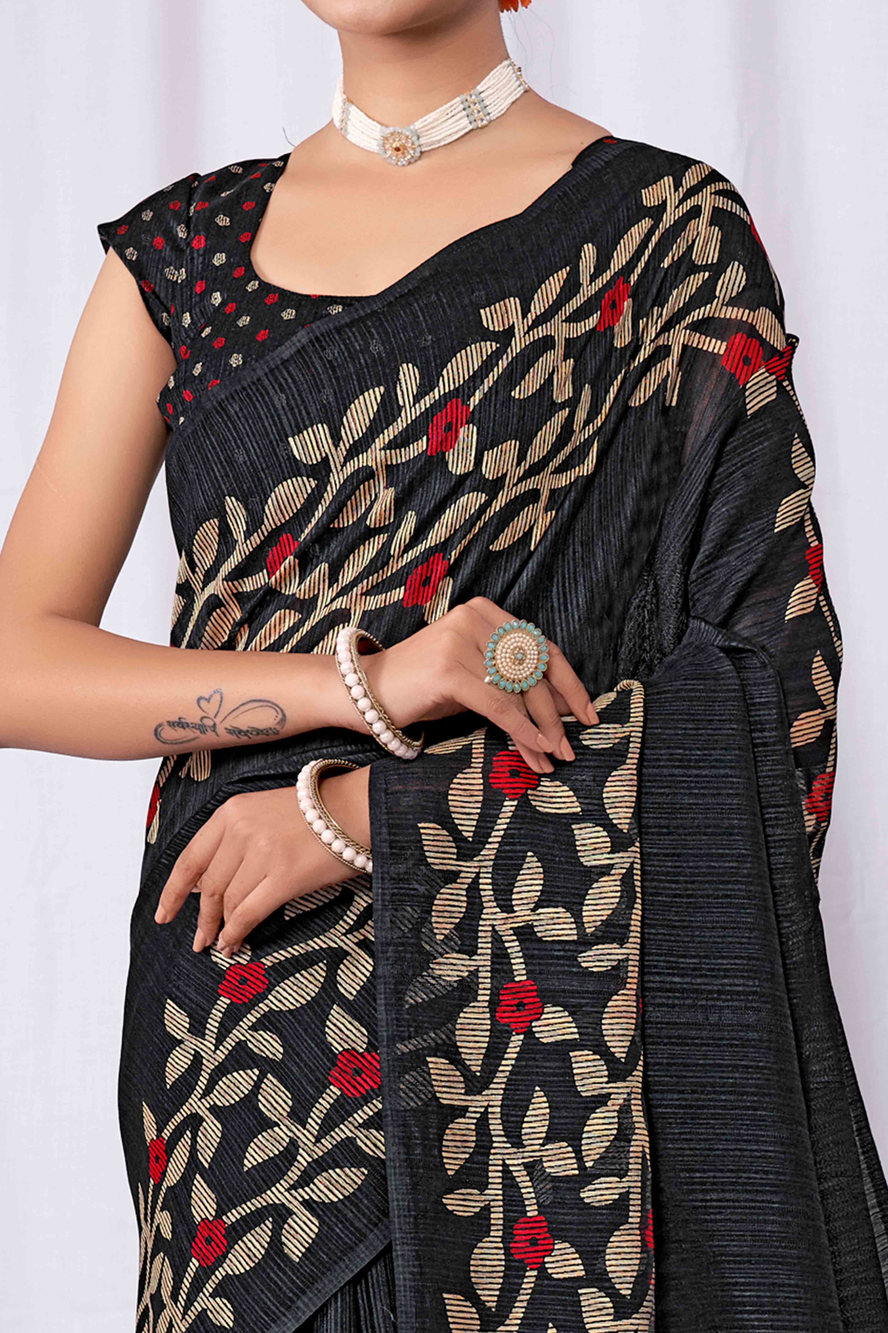 Black Floral Printed Cotton Slub Saree