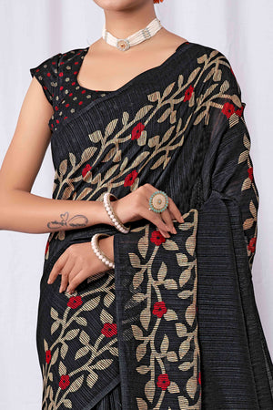 Black Floral Printed Cotton Slub Saree
